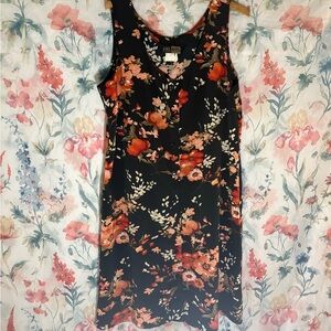 Vintage Floral Sleeveless Midi Dress in Black and Orange